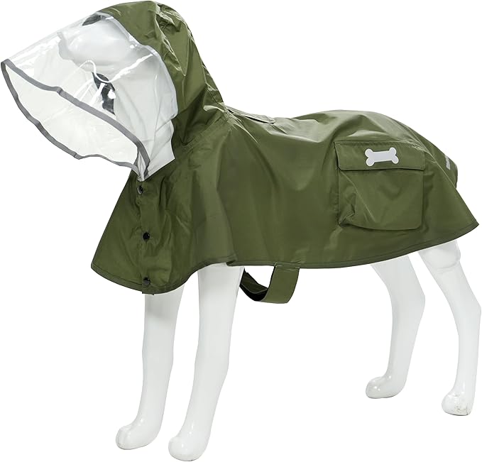 Waterproof Dog Raincoat, Adjustable Reflective Lightweight Pet Rain Clothes with Poncho Hood (Army Green, X-Large)