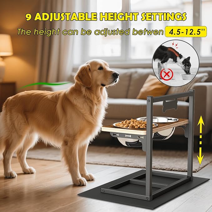 Elevated Dog Bowls with Slow Feeder - 9 Heights Adjustable Raised Dog Bowl Stand with Two 1.7L Stainless Steel Dog Food Bowls & Slow Feeder and a Nonslip Pad, Perfect for Medium Large Breed