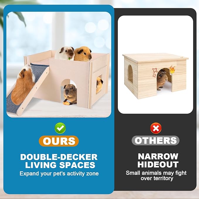 PAWCHIE Wooden Guinea Pig Hideout with Pee Pad Set, Detachable Small Animal House Bed Hut Habitats with Stairs and Windows, Bunny Hideout Castle for Indoor Hamsters Chinchilla Gerbil Playing Hiding