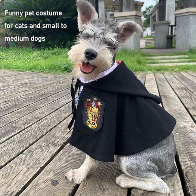 ANIAC 3PCS Halloween Dog Costume Cat Wizard Cape Glasses and Necktie Set Halloween Puppy Outfit Pet Academy Academy Magician Cosplay Apparel for Kitten Cat Small Dogs (Black+Red, Medium)