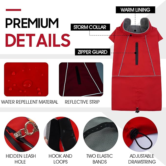 ROZKITCH Dog Jackets for Large Dogs, Coat with Harness Opening with Fleece Lining Reflective Strip for Extra Large Pet, Waterproof Adjustable Poncho Vest for Outdoor Hiking Travel Red 3XL
