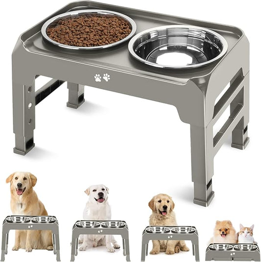 Elevated Bowls, 4 Height Adjustable Raised Stand With 2 Thick 50oz Stainless Steel Food Bowls, Non-Slip Feeder for Dogs, Adjusts to 3.7", 9.2", 10.75", 12.36" Light Brownish Gray