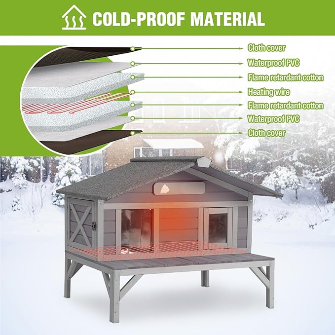 GUTINNEEN Heated Cat House Large Insulated Cat House Outdoor Weatherproof Feral Cat Shelter with Heated Pad, Insulated All-Round Thermal Liner for 1-4 Cats (Winter-Ready)