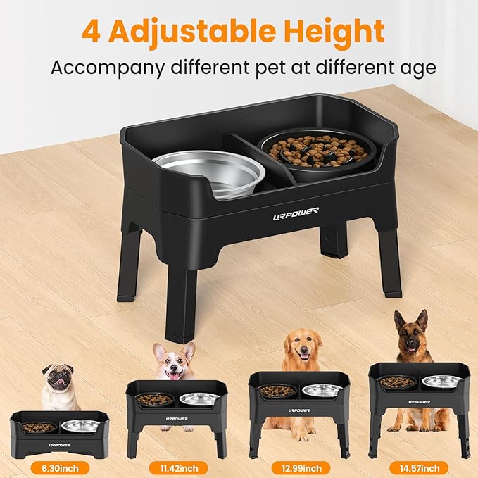 URPOWER Mess Proof Elevated Dog Bowls 4 Height Adjustable Raised Dog Bowl Stand with Stainless Steel Bowl, Slow Feeder & Licking Plate for Small, Medium & Large Dogs