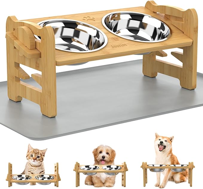 Elevated Dog Bowls, Adjustable Raised Dog Bowl Stand for Small Size Dogs and Cats, Durable Bamboo Dogs Feeder with 2 Stainless Steel Bowls and Non-Slip Feet, Pet Food Bowl with Mat