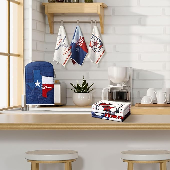 TecUnite 6 Pcs Texas Bluebonnets Kitchen Towels Texas Souvenirs Dishcloth 24 x 16 Inches Gifts Sweet Hand Towels White Blue Red Print Decorative Tea Dish Cloth for Home Decoration