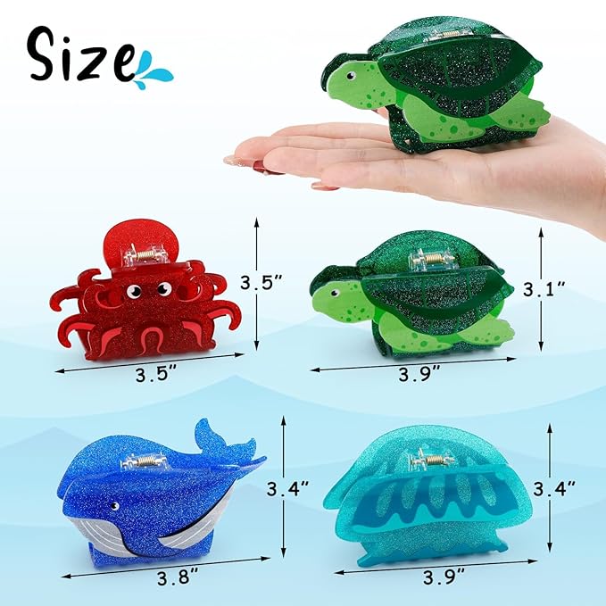 4PCS Sea Animals Hair Clips for Women Girls Large Ocean Hair Claw Marine Life Under the Sea Turtle Whale Octopus Jellyfish Beach Hair Accessories with Sturdy Grip Keep Hairstyle for Thick or Thin Hair