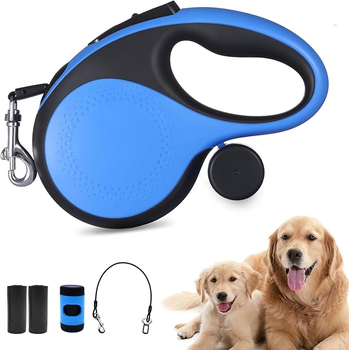 Retractable Dog Leash 26ft,Chew-Proof Heavy-Duty Pet Leash for Medium/Large Breed up to 110 lbs, 360° Tangle-Free Long Retract Dog Lead,with Poop Bag Dispenser, One-Hand Brake (Blue)