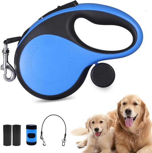 Retractable Dog Leash 26ft,Chew-Proof Heavy-Duty Pet Leash for Medium/Large Breed up to 110 lbs, 360° Tangle-Free Long Retract Dog Lead,with Poop Bag Dispenser, One-Hand Brake (Blue)