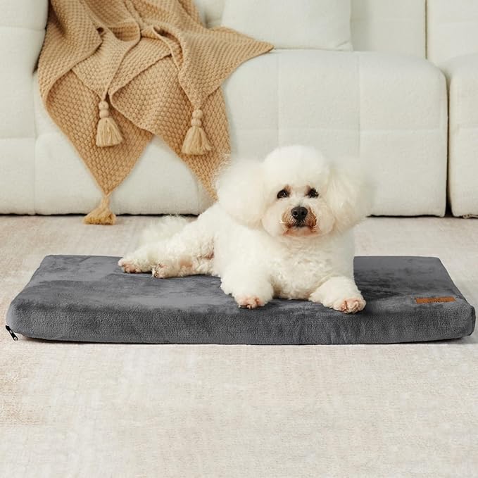 Dog Bed for Small Dogs - Puppy Dog Crate Pad with Removable Washable Cover and Waterproof Lining - Memory Foam Dogs Kennel Mat - Reversible Pet Bed (Cool & Warm), 24 x 18, Dark Grey
