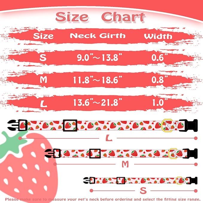 Cute Cotton Dog Collar for Small Medium Large Dogs Special Design Cute Pink Strawberry with Pendant for Girl Female Dogs Soft Adjustable Strawberry Puppy Collars for Girl Female Dogs Pet Collar