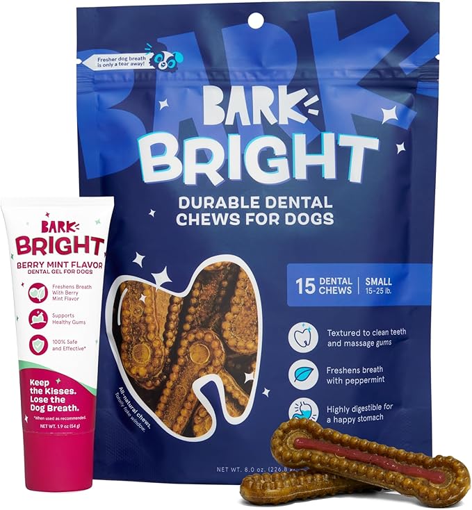Barkbox Bright Durable Dental Kit, Berry Mint Flavored, 15 Chew Sticks & Toothpaste - Small Breeds
