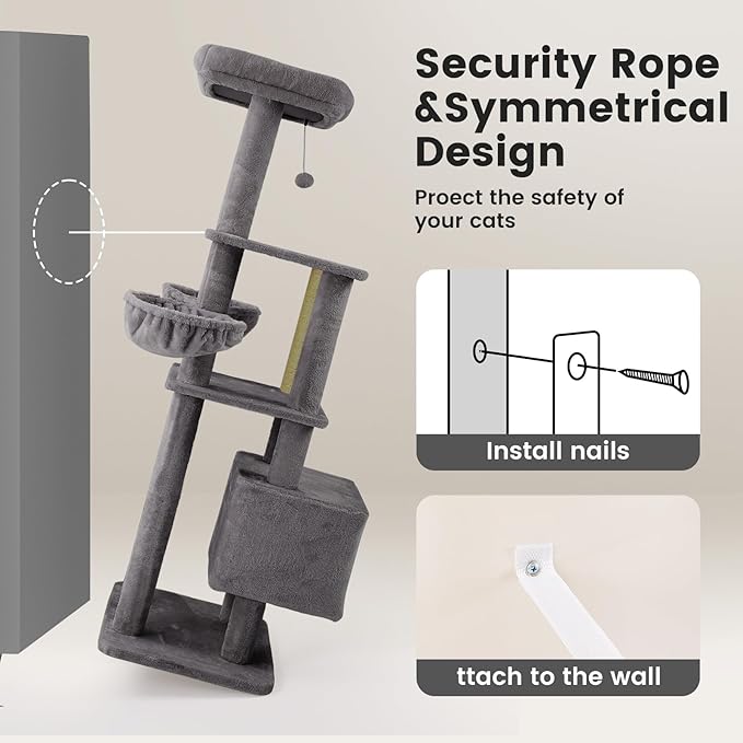 Gardner Pet 65in Heavy Duty Cat Tree Tower for Large Cats, Multi-Level Cat Furniture with Replaceable Sisal Scratching Post, Hammock | Extra-Large Platform & Condo (Grey)