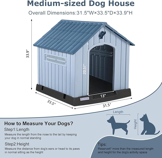 LEMBERI Large Plastic Dog House for Medium Large Dogs, Durable Waterproof Indoor Outdoor Doghouse with Air Vents and Elevated Floor, Easy to Assemble (Blue, 33.5" L x 31.5" W x 33.9" H)