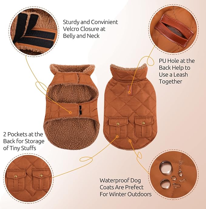 Queenmore Warm Dog Coat, Cold Weather Puffer Jacket with Ultra Thick Plush Lining and Storage Pockets (Brown, Large)