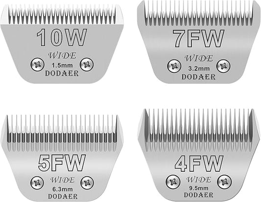Size 10W/7FW/5FW/4FW Detachable Dog,Cat,Sheep & Horse Grooming Wide Blades Set,Compatible with Andis,Oster A5,Wahl KM10 Series Clippers,Cut Length 1/16"(1.5mm) to 3/8”(9.5mm),4 Pack