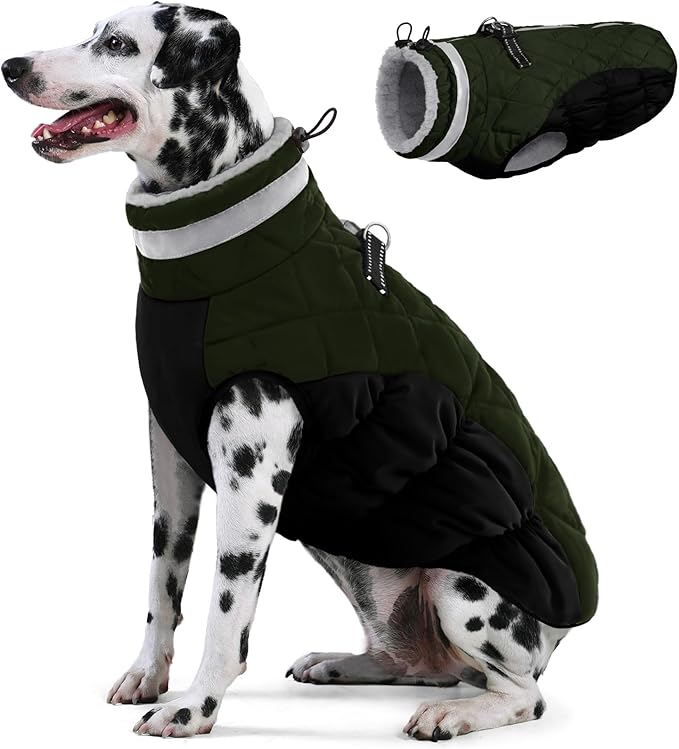 AOFITEE Dog Coat, Warm Dog Jackets for Large Dogs, Reflective Turtleneck Dogs Winter Coat with Harness Built in, Waterproof Windproof Pet Snow Jacket Fleece Vest for Cold Weather, Green XXL
