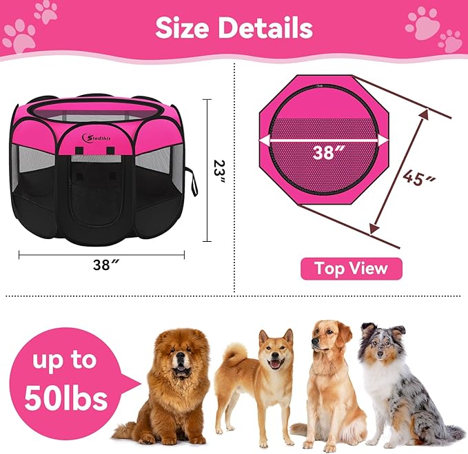 Dog Cat Playpen, Medium Puppy Pet Playpen, Dog Crate Tent Cage Indoor/Outdoor, Portable Pop Up Dogs Kennel Playpen with Carrying Case for Dogs/Cats/Rabbits, Hot Pink