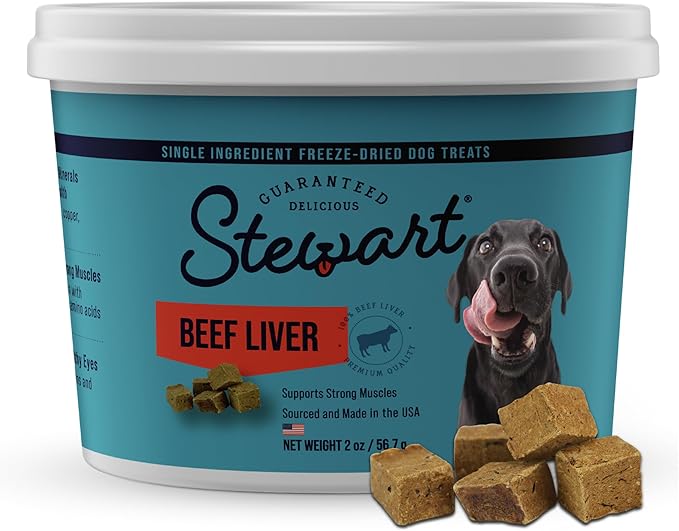 Stewart Beef Liver Dog Treats, 2 oz, ~45 Pieces, Freeze Dried Raw, Single Ingredient, 50% Protein Training Treats or Meal Topper in a Resealable Tub, Grain Free, Gluten Free