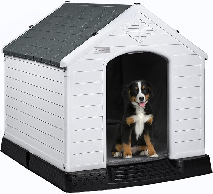 LEMBERI Durable Waterproof Plastic Dog House for Small to Large Sized Dogs, Indoor Outdoor Doghouse Insulated Puppy Shelter with Elevated Floor, Easy to Assemble (Gray with Liner, 42''L*38''W*39''H)