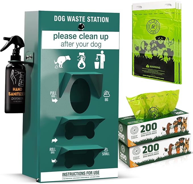 ALAGPRO® Dog Waste Station Bag Dispenser Outdoor Pet Waste Station with Hand Sanitizer Bottle, Dog Poop Station with Free 400 Roll and 200 Pull Waste Bags for Backyard, Park & HOA's