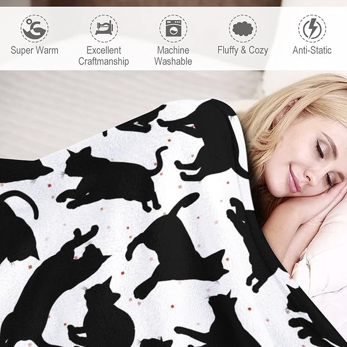 Cat Blanket Gifts - 50"x60" Cute Throw Blanket for Adults Kids - Black Soft Plush Throws for Bed, Couch & Travel