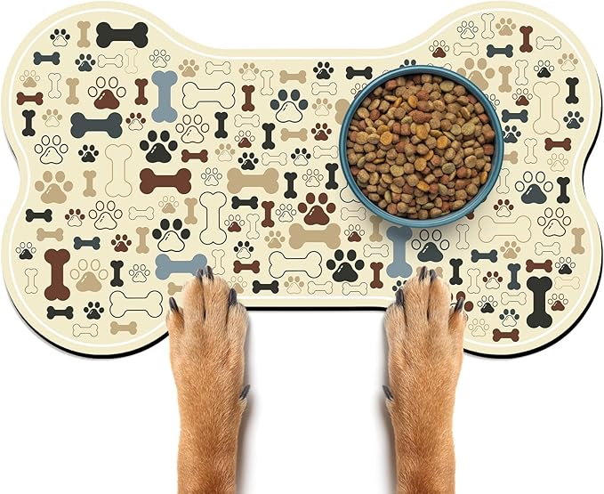 Dog & Cat Food Mat Bone Shaped Pet Feeding Mat Quick Absorb Water Bowl Placemat with Rubber Backing Indoor Floor Stain Resistant Pet Accessory Supplies (Beige, 17x29 Inches)