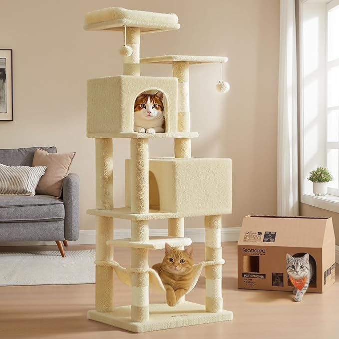 Feandrea Cat Tree, 61-Inch Cat Tower for Indoor Cats, Plush Multi-Level Cat Condo with 5 Scratching Posts, 2 Perches, 2 Caves, Hammock, 2 Pompoms, Beige UPCT192M01