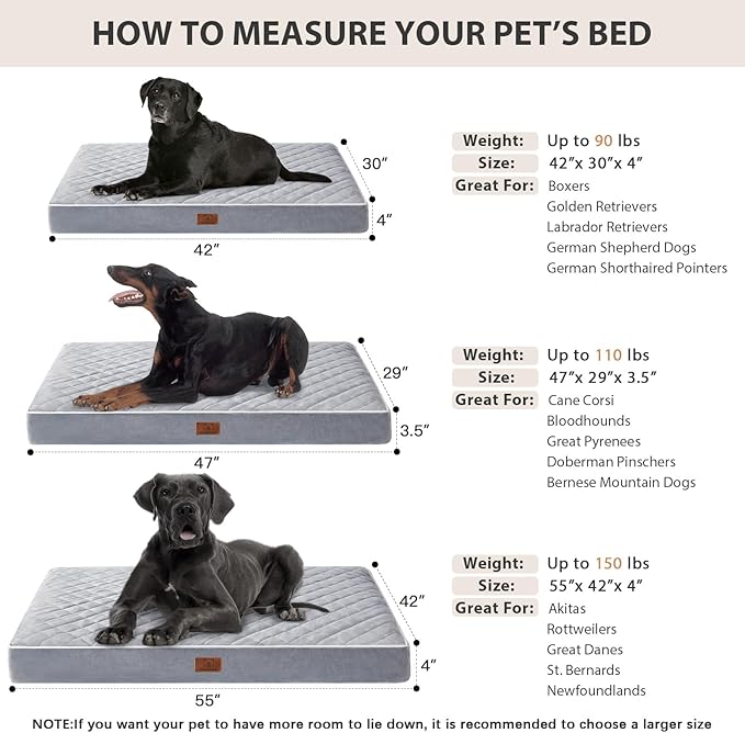 WNPETHOME Orthopedic Waterproof Extra Large Dogs Bed with Removable Washable Cover, Multi-Needle Quilting XL Crate Bed for Large Sized Dog, Light Grey