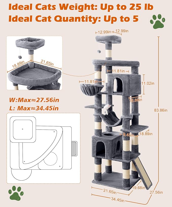 AMHANCIBLE Heavy Duty Cat Tree for Indoor Cats Large Adult 20 lbs+, 83 Inch Multi-Level Tall Cat Tower with Scratching Post and Board, Hammock, Condos, Hanging Basket, Grey, PT21GY