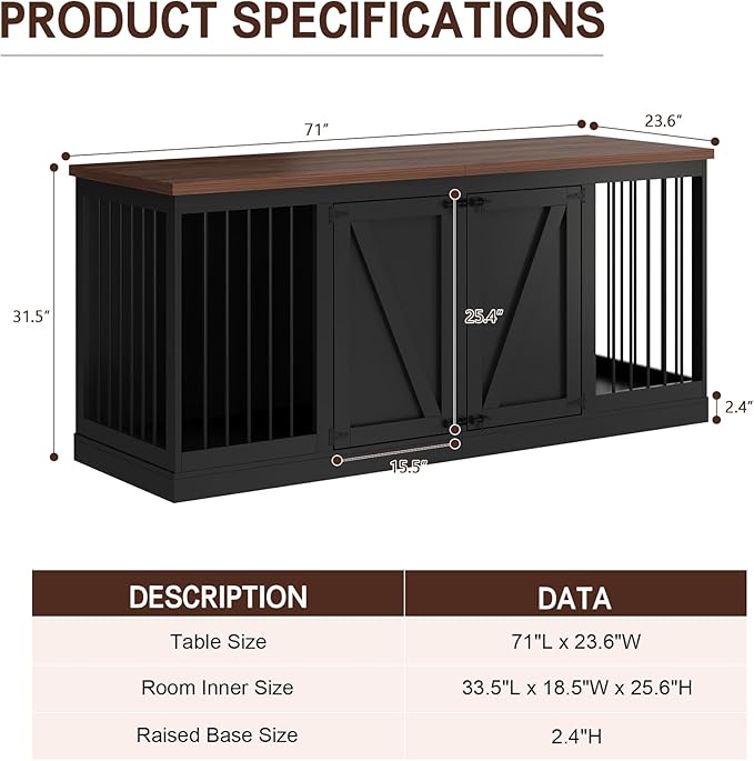 Dog Crate Furniture - Indoor Wooden Dog Kennel Furniture with Room Divider - 71"x23.6"x31.5"H, Black