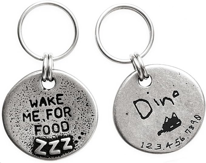 Artistic Handmade Hammered Collar Cat Dog ID Tags with Unique Handcrafted Design and Durable Stainless Steel, Personalized Deep Engraving with Your Own Text (Wakemeforfood)