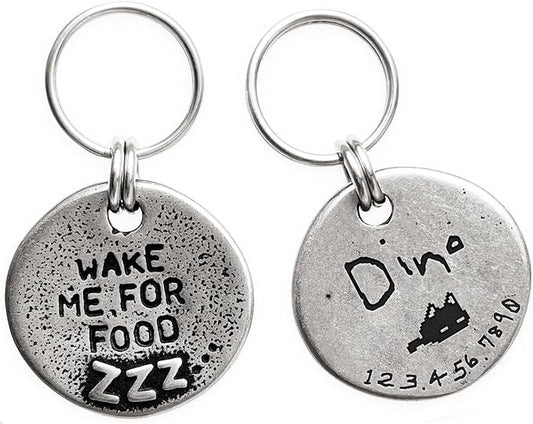 Artistic Handmade Hammered Collar Cat Dog ID Tags with Unique Handcrafted Design and Durable Stainless Steel, Personalized Deep Engraving with Your Own Text (Wakemeforfood)