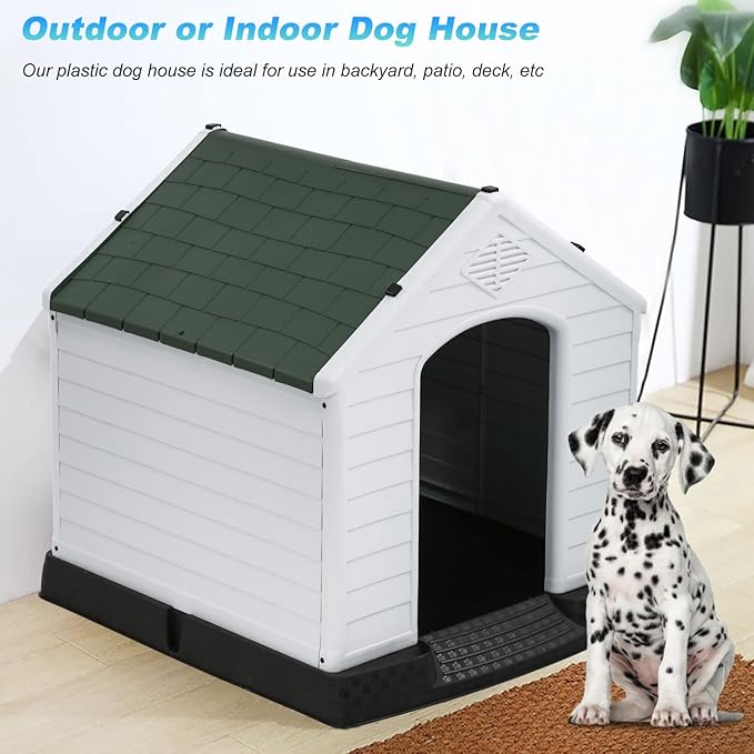 FDW Dog House Indoor Outdoor Durable Ventilate Waterproof Pet Plastic Dog House for Small Medium Large Dogs Insulated Puppy Shelter Kennel Crate with Air Vents and Elevated Floor