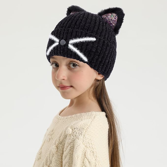 Kids Girls Cat Ear Hat Winter Warm Knit Beanie Cute Ski Skull Cap for Ages 7-12
