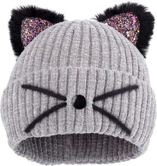 Kids Girls Cat Ear Hat Winter Warm Knit Beanie Cute Ski Skull Cap for Ages 7-12