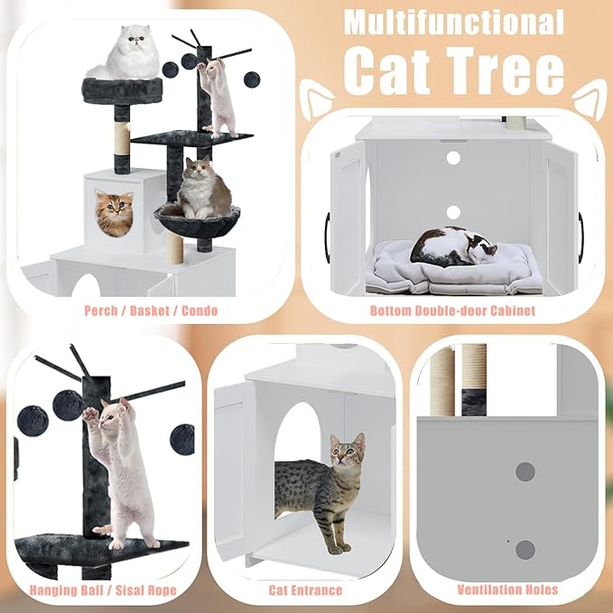 Cat Tree with Litter Box, Wood Litter Box Enclosure with Food Station, Modern Cat Tower for Indoor Large Cats with Large Platform,Cat Condo with Scratching Posts, Hammock, Caves, Basket,White