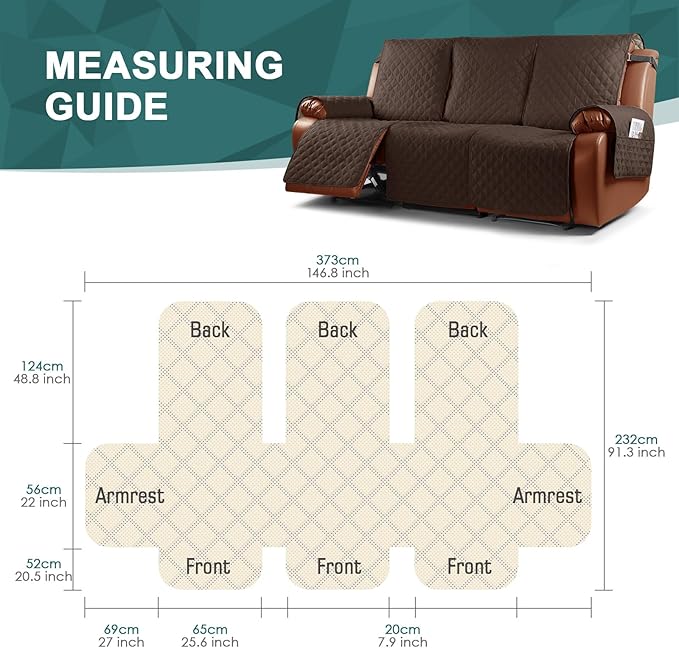 Ruaozz Waterproof Recliner Sofa Cover 1-Piece Couch Covers for Reclining Couches Reclining Sofa Cover Washable Furniture Protector with Elastic Straps Pocket for Kids, Pets (Dark Brown, 3 Seater)