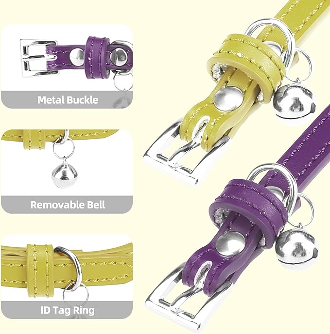 PUPTECK 2 PCS Soft Genuine Leather Cat Kitten Collar with Bells Adjustable for Girl Boy Cats Puppy - Yellow Green, Deep Purple