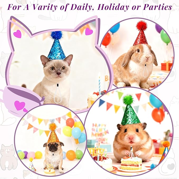 10 Pcs Mini Cat Birthday Party Hats with Pompoms colorful sequins, Puppy Holiday Wedding Hats, Cute Pet Costume Hat Accessories for Small Dogs Kittens Rabbits Stuffed Animals (Small, sequined pom-pom)