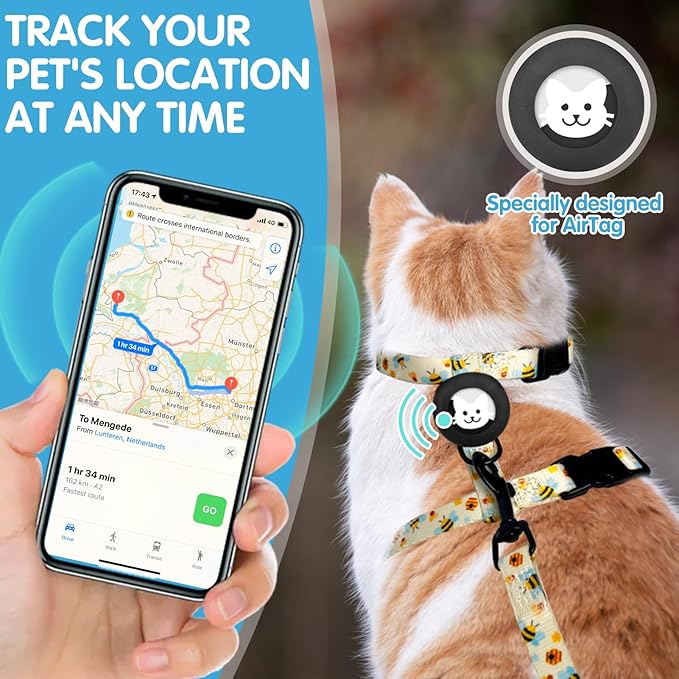 BINGPET Cat Harness and Leash Set Escape Proof for Walking,Adjustable Kitten Harness with Airtag Holder for Small Medium Large Cats (Cute Bee Print,Neck:8"-12",Chest:12.5"-18")