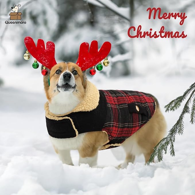 Queenmore Dog Winter Coat Warm Dog Jacket for Cold Weather, Quilting Puffer Plaid Coats for Small/Medium Dogs Waterproof,Girl/Boy Pet Christmas Coat,Pet Snowsuit with Leash Hole/Fleece Padding, XS