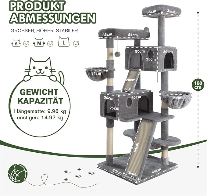 MUTICOR 66 Inches Multi-Level Large Cat Tree Tower for Indoor Big Feline/Cozy Plush Perches/Condo/Sisal Scratching Posts/Hammock and Baskets/Activity Center Play House/Wide Base/Dark Grey