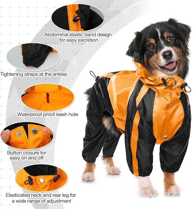 Dog Raincoat, Waterproof Rain Jacket, Adjustable 4-Legs Pet Poncho with Hood, Snow-Proof Dog Vest Rainwear, Lightweight Rain Clothes Apparel with Leash Hole