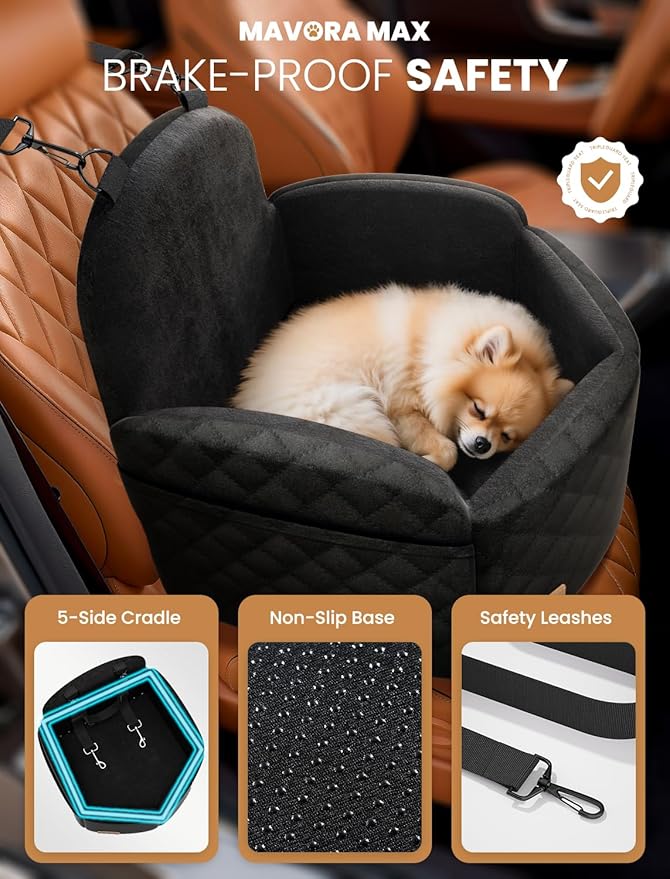 Dog Car Seat for Small/Medium Dogs, Elevated Dog Booster Seat Memory Foam Puppy Car Seat with Washable Cover, Travel Safety Pet Seat Bed for Car with Storage Pockets Up to 35 lbs (Black)
