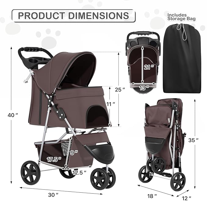 MoNiBloom Foldable Dog Strollers for Small Dogs with Weather Cover, 3 Wheels Pet Strolling Cart for Dogs and Cats with Storage Basket and Cup Holder, Breathable and Visible Mesh for All-Season, Coffee