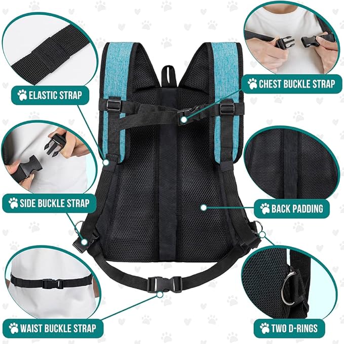 PetAmi Front Carrier Backpack for Dogs and Cats, Adjustable Ventilated Pet Chest Carrier for Hiking Camping Travel, Small Medium Dog Puppy Large Cat Carrying Bag, Max 10 lbs, Teal Blue