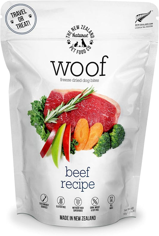 The New Zealand Natural Pet Food Co Woof Freeze Dried Dog Food - Beef Recipe, High Protein, Dog Food Topper & Dog Treats, All Life Stages, 1.76 oz