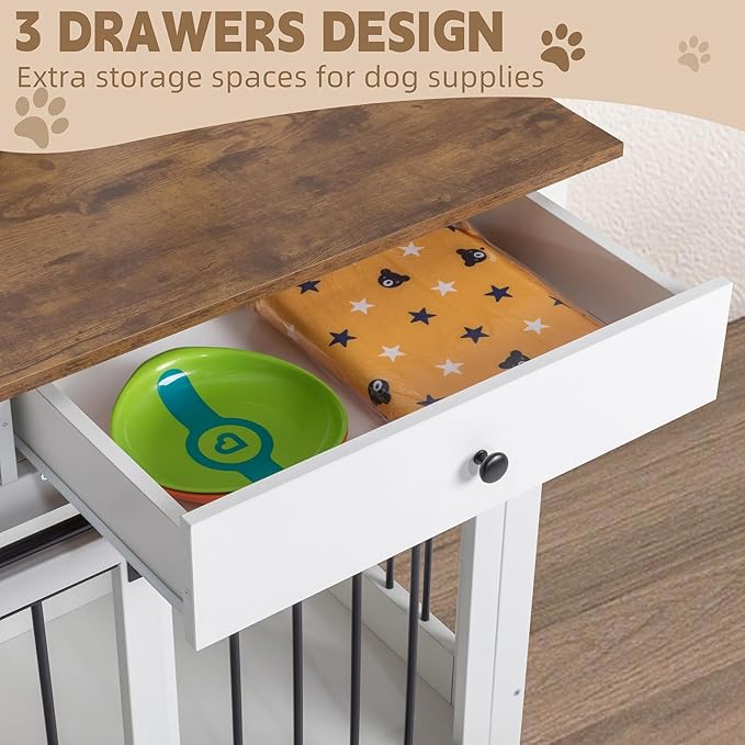 Sunseen Dog Crate Furniture for 2 Dogs,Wooden Double Dog Crate with Divider & 3 Drawer,Heavy Duty Large Breed Dog Kennel Furniture TV Stand End Table for Small Medium Large Dog (White)