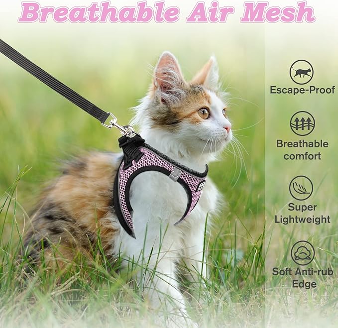 Cat Harness and Leash for Walking Escape Proof, Adjustable Kitten Vest Harness Reflective Soft Mesh Puppy Harness for Outdoor, Comfort Fit, Easy to Control (Lpink, XXS)